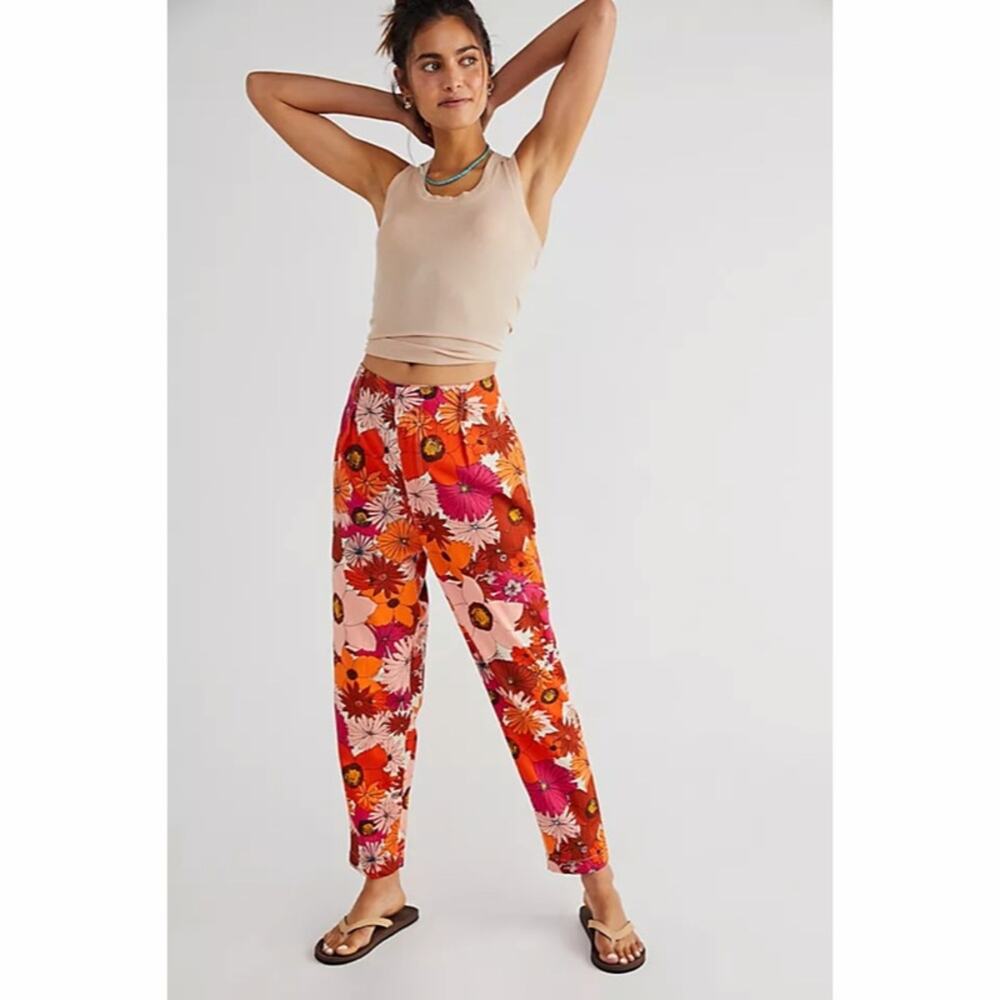 Free‎ People Tessa Tapered Trousers Orange Floral Womens Pants Size 0